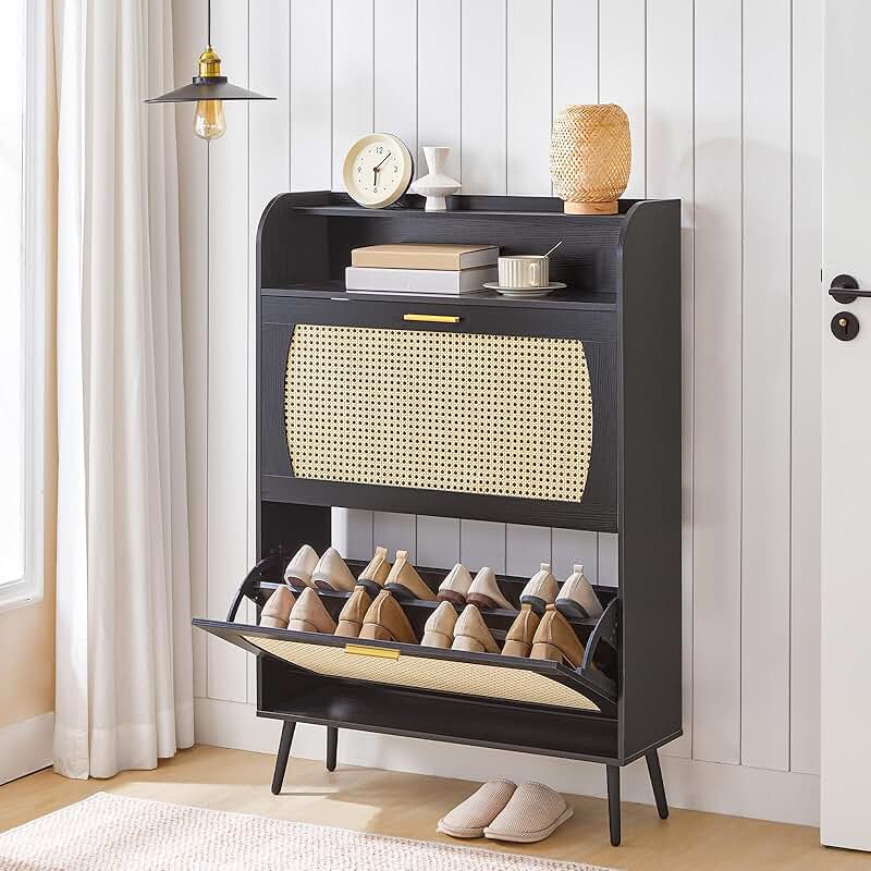 Rattan Shoe Storage Cabinet with Flip Drawers