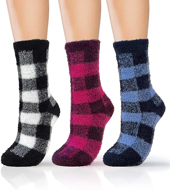 Women's Fuzzy Buffalo Plaid Socks, 3 Pairs