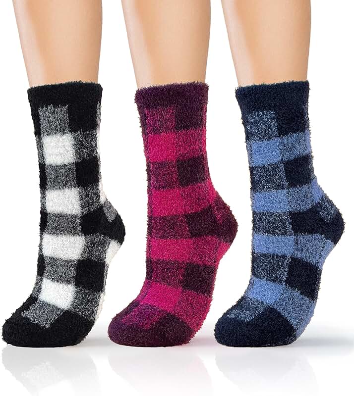 Women's Fuzzy Buffalo Plaid Socks, 3 Pairs