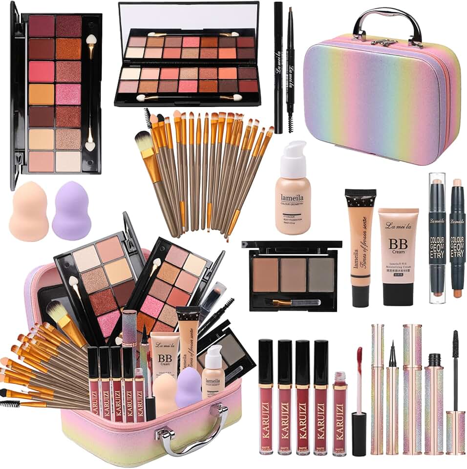 Rainbow makeup set with brushes and case