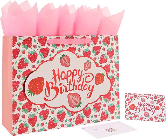 Large Strawberry Birthday Gift Bag with Card and Tissue