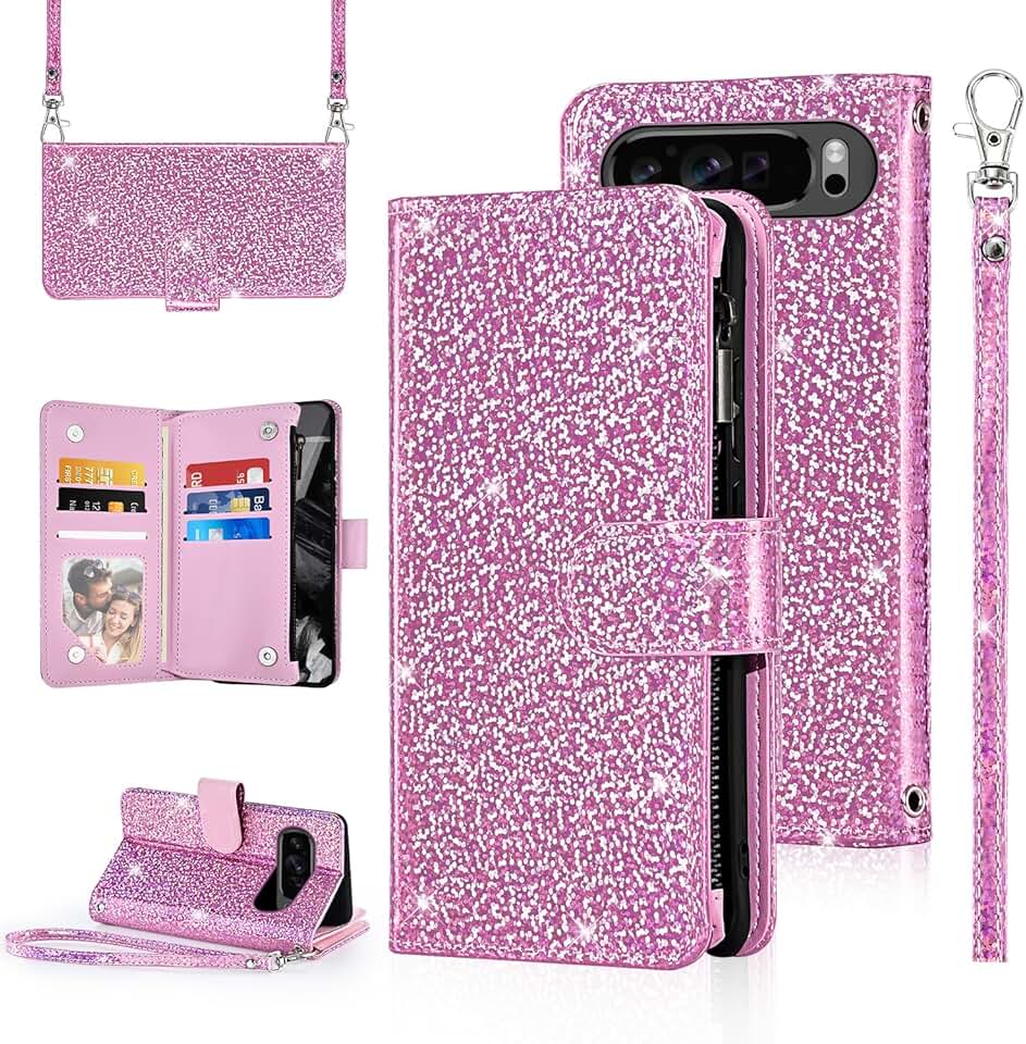 Sparkly Pink Phone Case with Wrist Strap and Card Holder