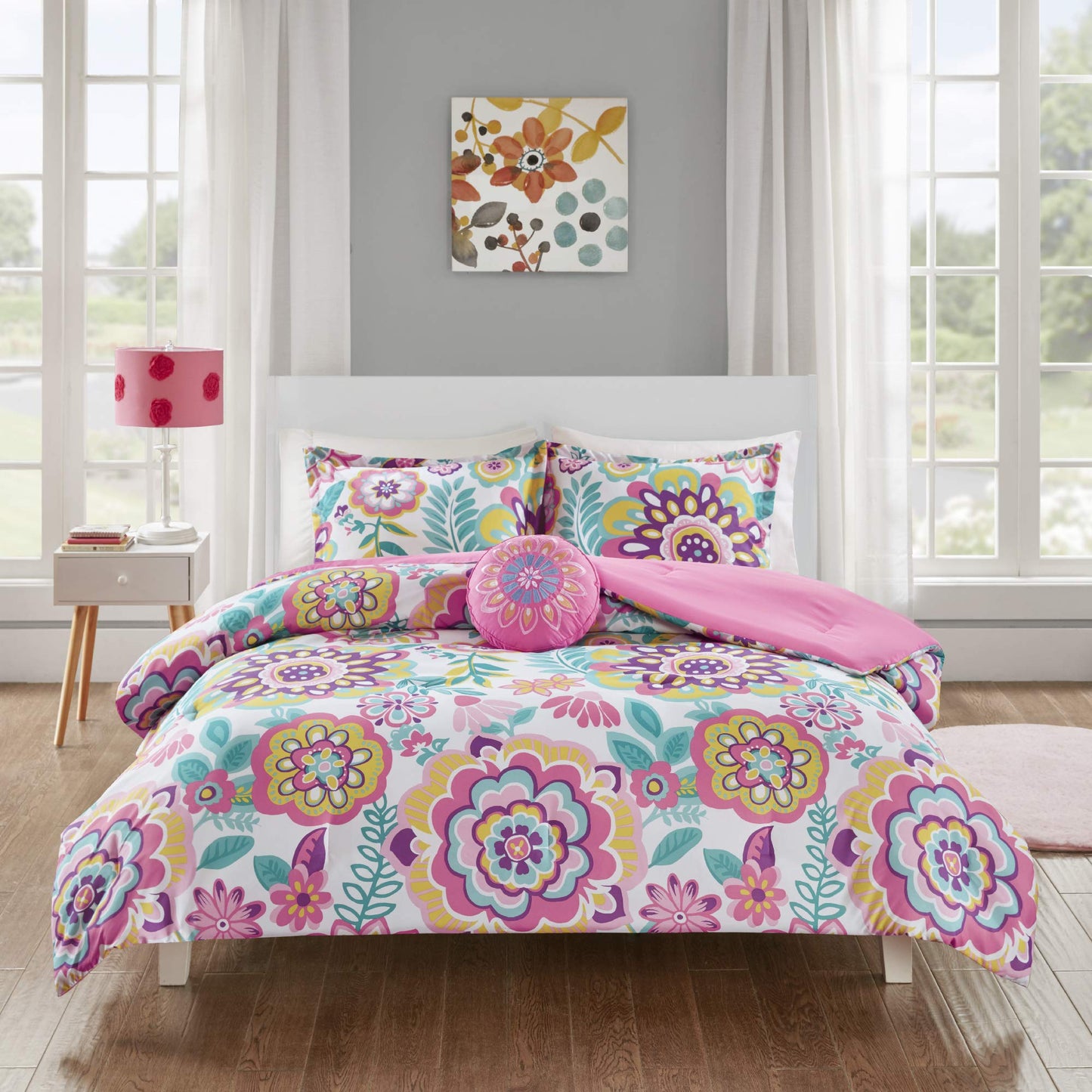 Camille Comforter Set, Vibrant Flowers Design All Season Teen Bedding, Matching Sham, Decorative Pillow, Girls Bedroom Dcor, Full/Queen, Pink 4 Piece