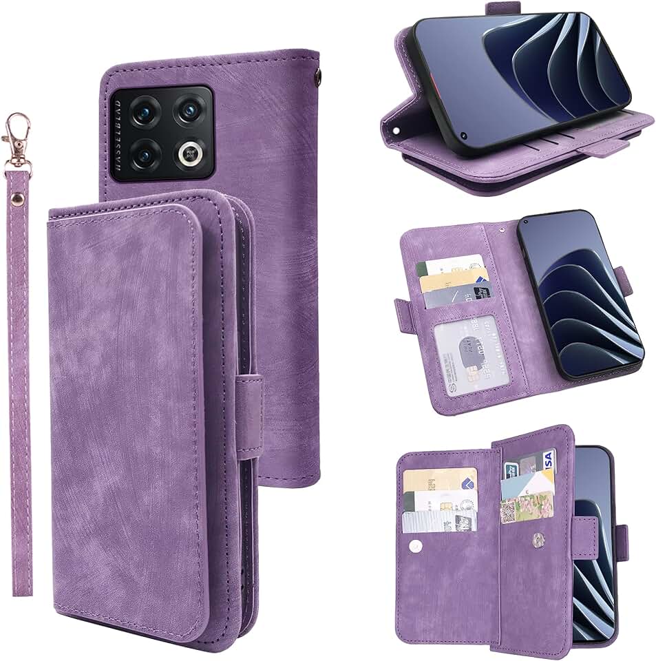 Purple leather wallet with wrist strap and card holder