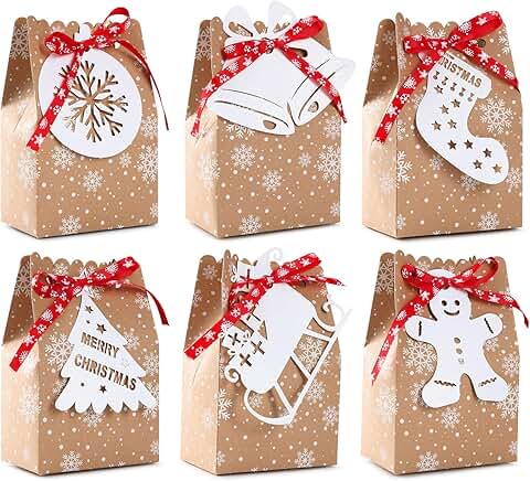 24 Christmas Kraft Gift Bags with Snowflake Ribbons and Gingerbread Tags