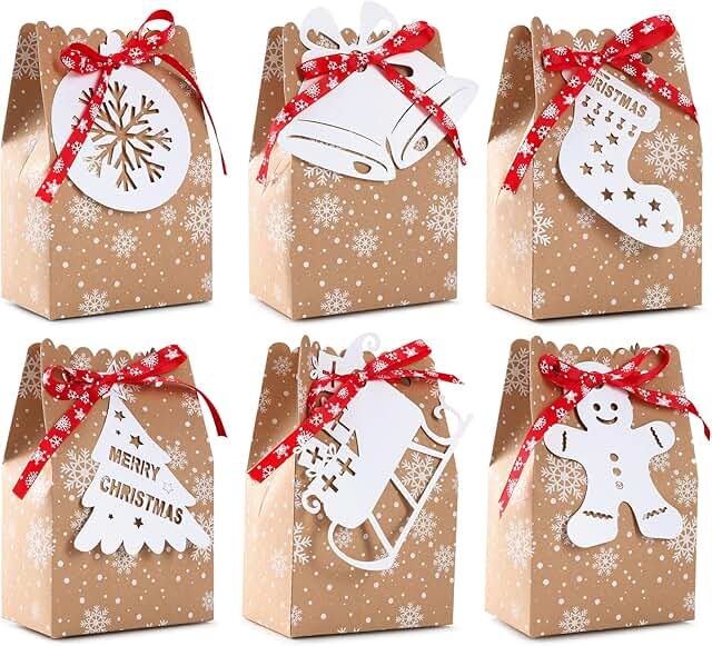 24 Christmas Kraft Gift Bags with Snowflake Ribbons and Gingerbread Tags