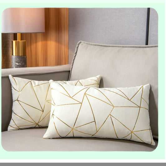 Gold Geometric Velvet Lumbar Pillow Covers - Set of 2 | Soft Decorative Cushion Cases for Modern Home Decor | Sofa, Couch, Bedroom, Living Room, Car | White & Gold | 12x20 inches