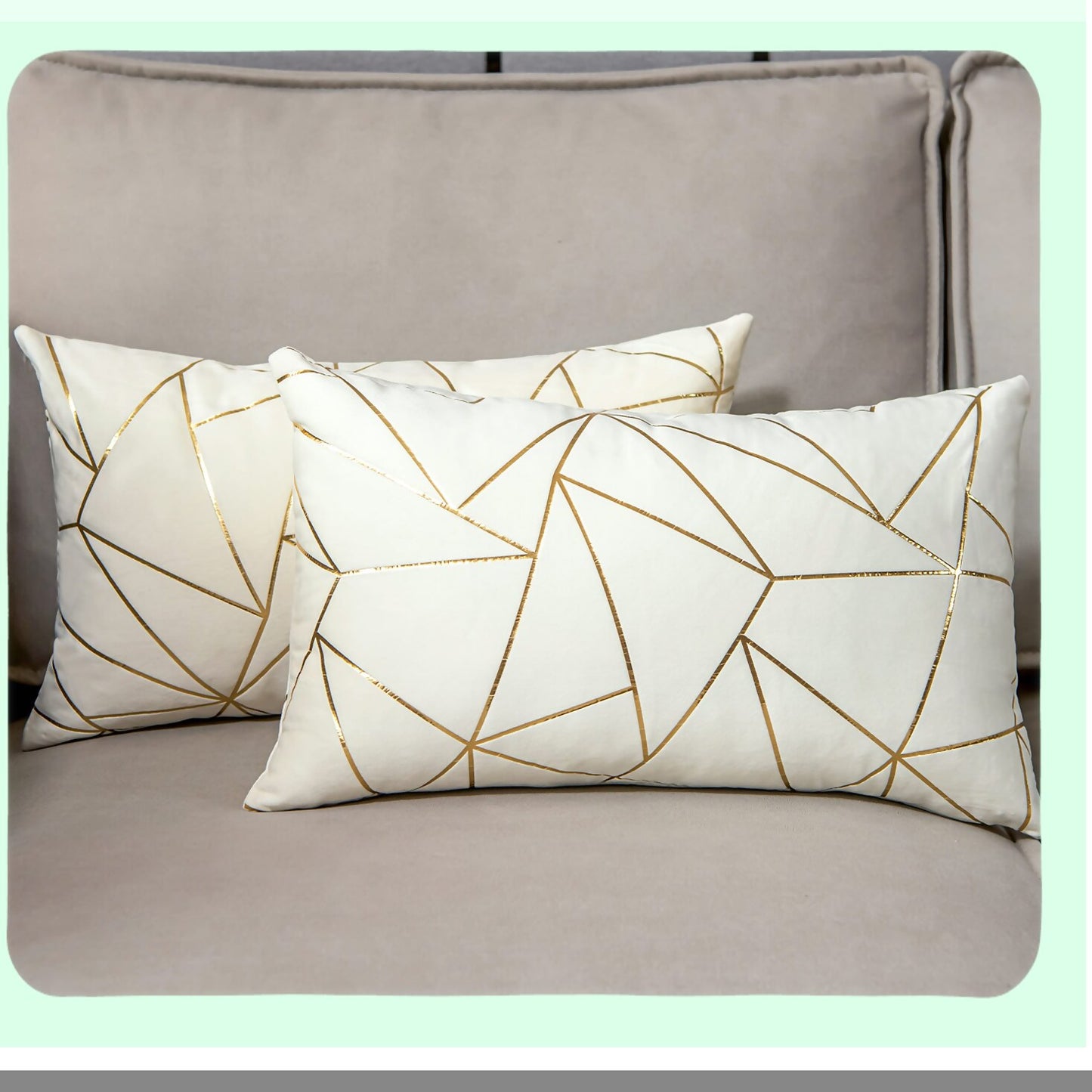 Gold Geometric Velvet Lumbar Pillow Covers - Set of 2 | Soft Decorative Cushion Cases for Modern Home Decor | Sofa, Couch, Bedroom, Living Room, Car | White & Gold | 12x20 inches