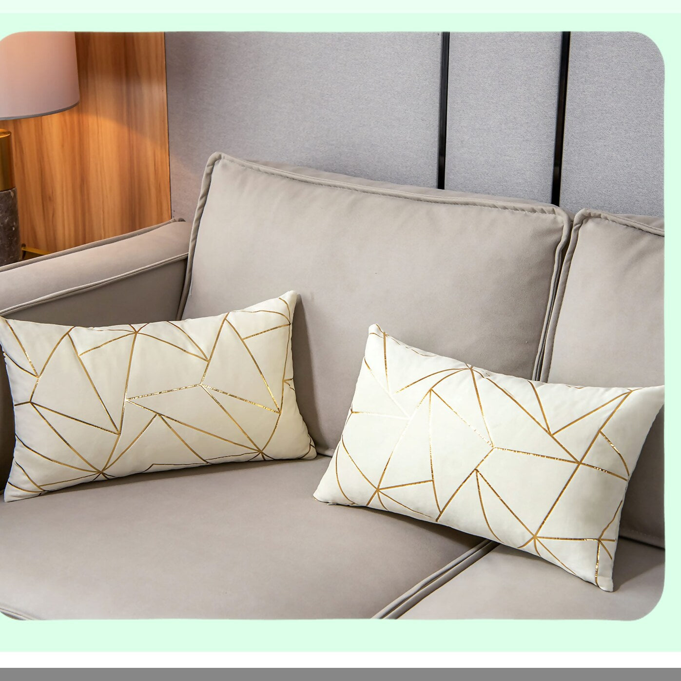 Gold Geometric Velvet Lumbar Pillow Covers - Set of 2 | Soft Decorative Cushion Cases for Modern Home Decor | Sofa, Couch, Bedroom, Living Room, Car | White & Gold | 12x20 inches