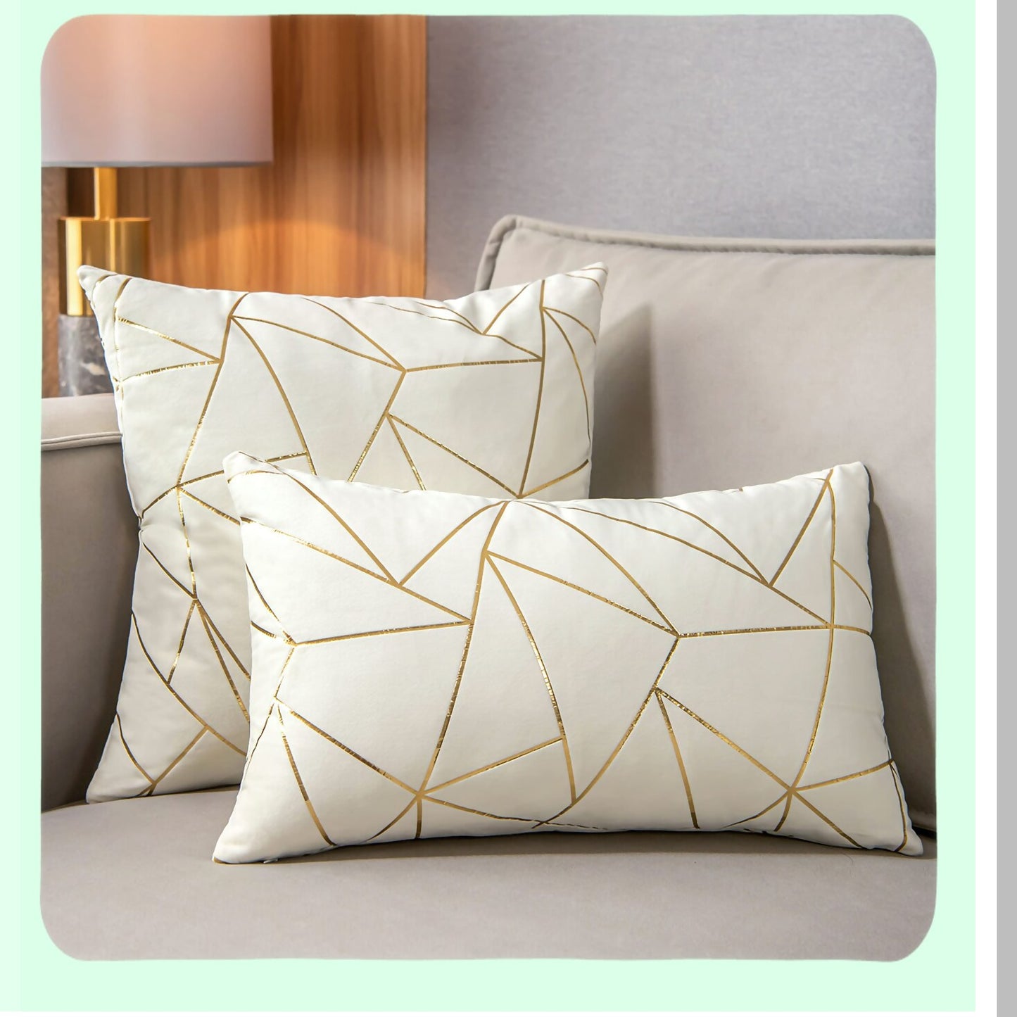 Gold Geometric Velvet Lumbar Pillow Covers - Set of 2 | Soft Decorative Cushion Cases for Modern Home Decor | Sofa, Couch, Bedroom, Living Room, Car | White & Gold | 12x20 inches