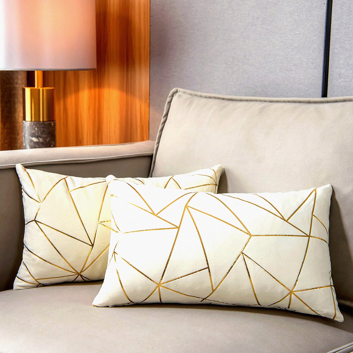 Gold Geometric Velvet Lumbar Pillow Covers - Set of 2 | Soft Decorative Cushion Cases for Modern Home Decor | Sofa, Couch, Bedroom, Living Room, Car | White & Gold | 12x20 inches