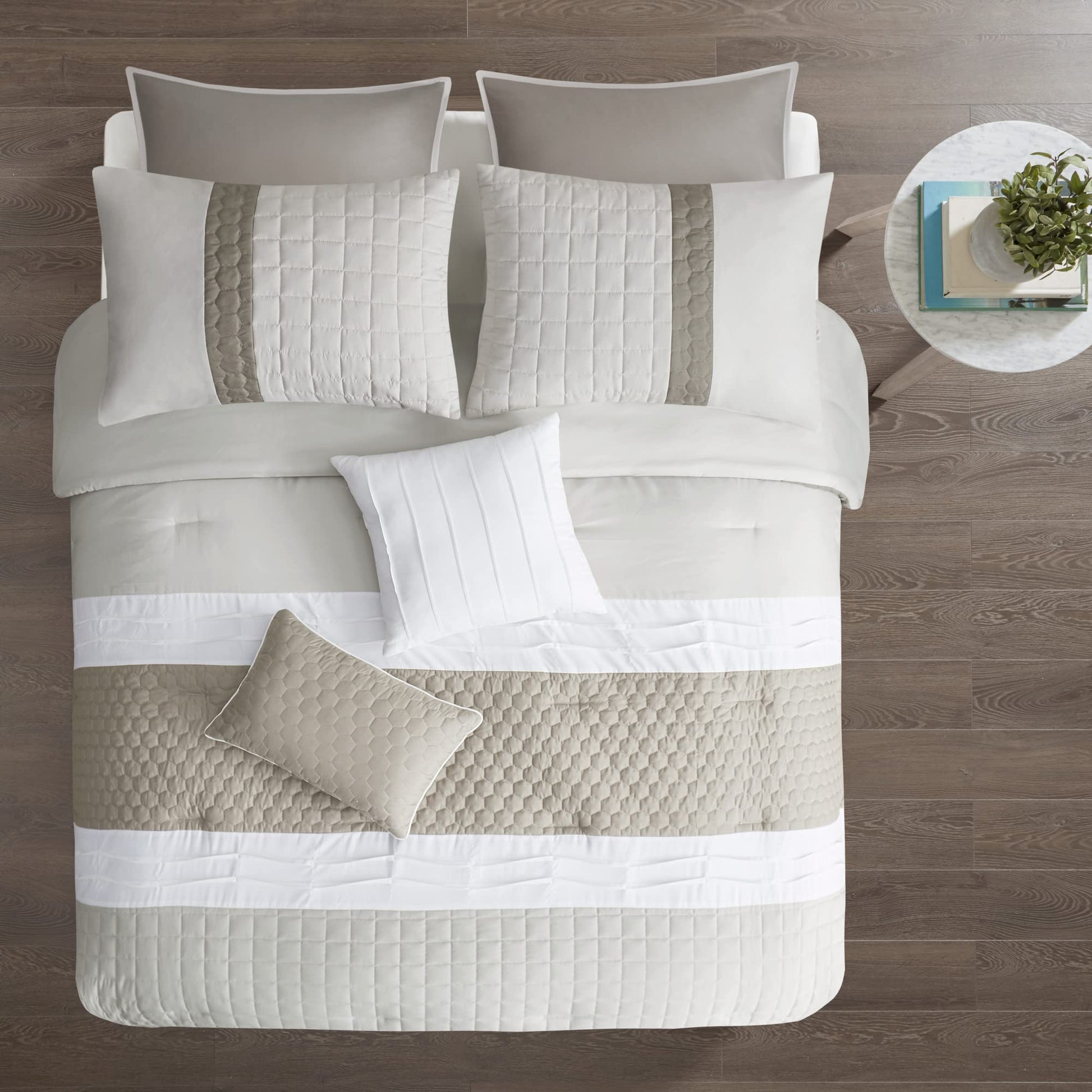 Tinsley Cozy Comforter Set  Geometric Honeycomb Design, All Season Down Alternative Casual Bedding with Matching Shams, Decorative Pillows, King(104"x92"), Khaki 8 Piece