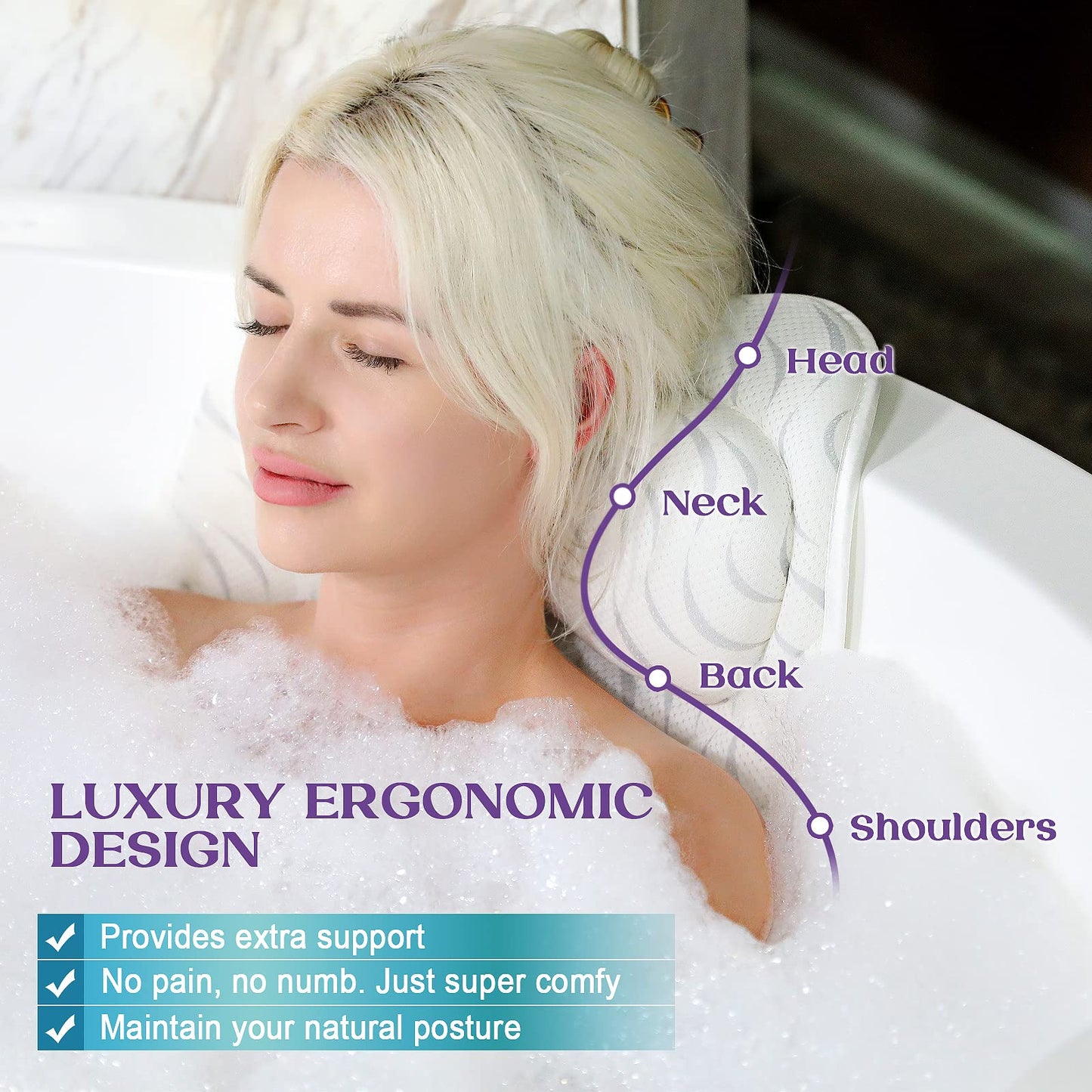 Bath Pillow for Tub Neck and Back Support, Bath Pillows Ergonomic Bathtub Pillow 4D Air Mesh Comfort Spa Bath Gifts for Women M Tub Pillow for Hot Tub Bath Accessories