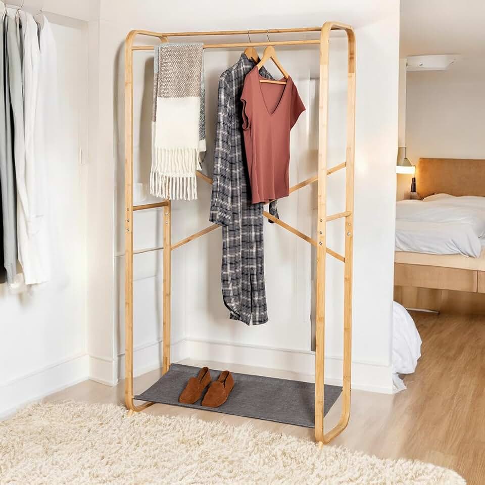 Bamboo Clothes Rack with 2 Garment Rods and Shoe Shelf