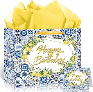 Blue Lemon Birthday Gift Bag with Tissue and Card