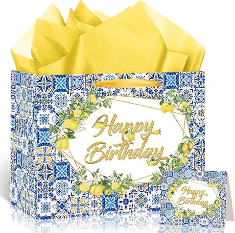 Blue Lemon Birthday Gift Bag with Tissue and Card