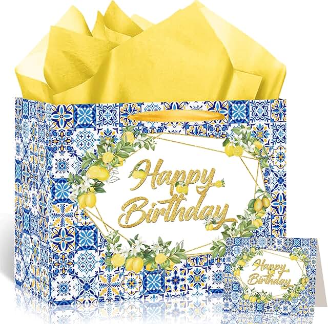 Blue Lemon Birthday Gift Bag with Tissue and Card