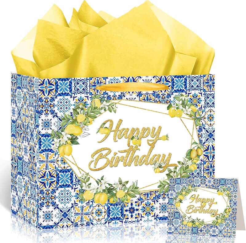 Blue Lemon Birthday Gift Bag with Tissue and Card