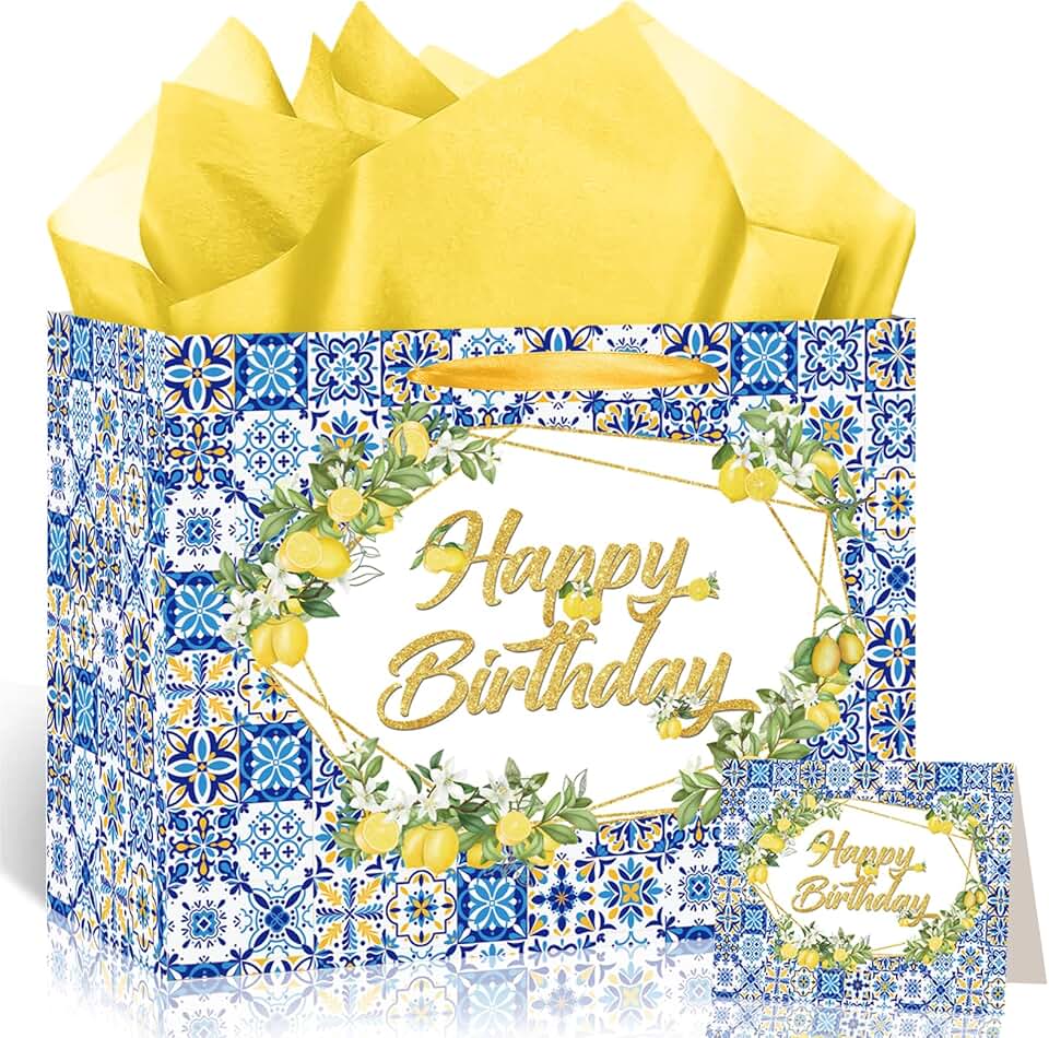 Blue Lemon Birthday Gift Bag with Tissue and Card