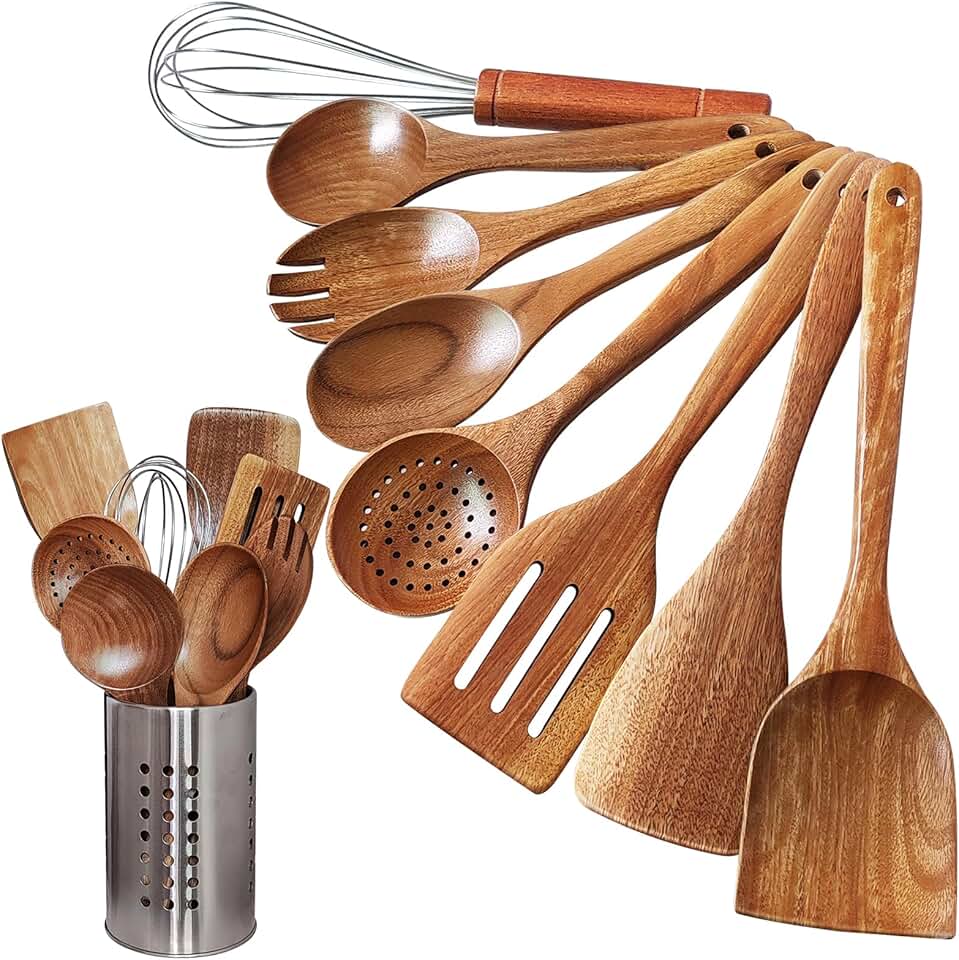 9-Piece Wooden Cooking Utensil Set with Strainer and Holder