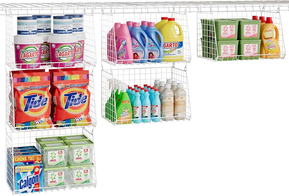Set of three large hanging laundry baskets with rotating hooks