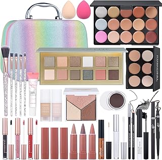 Complete makeup kit with eyeshadow, foundation, lipstick, and brushes