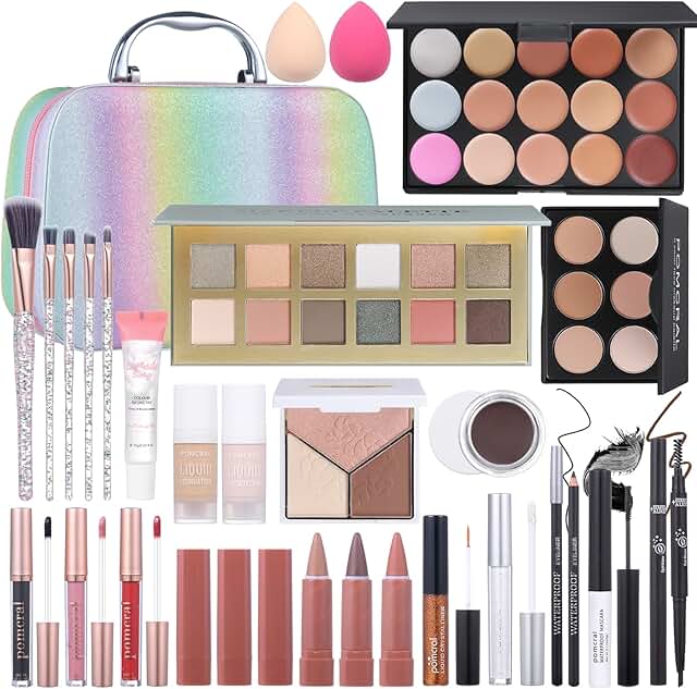 Complete makeup kit with eyeshadow, foundation, lipstick, and brushes