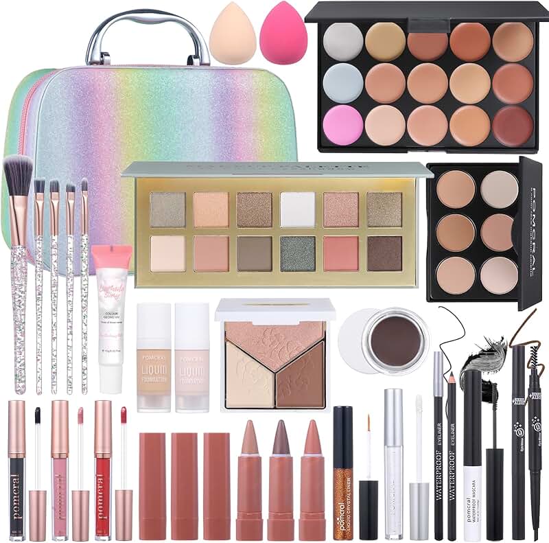 Complete makeup kit with eyeshadow, foundation, lipstick, and brushes