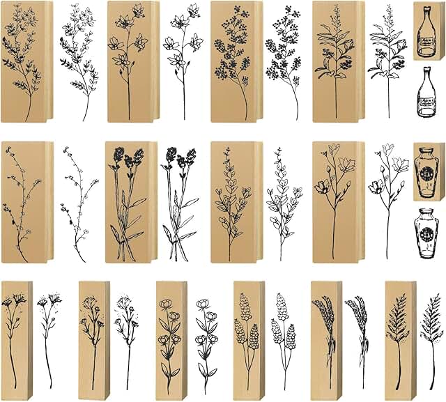 Set of 16 Vintage Flower Wood Rubber Stamps for Crafts