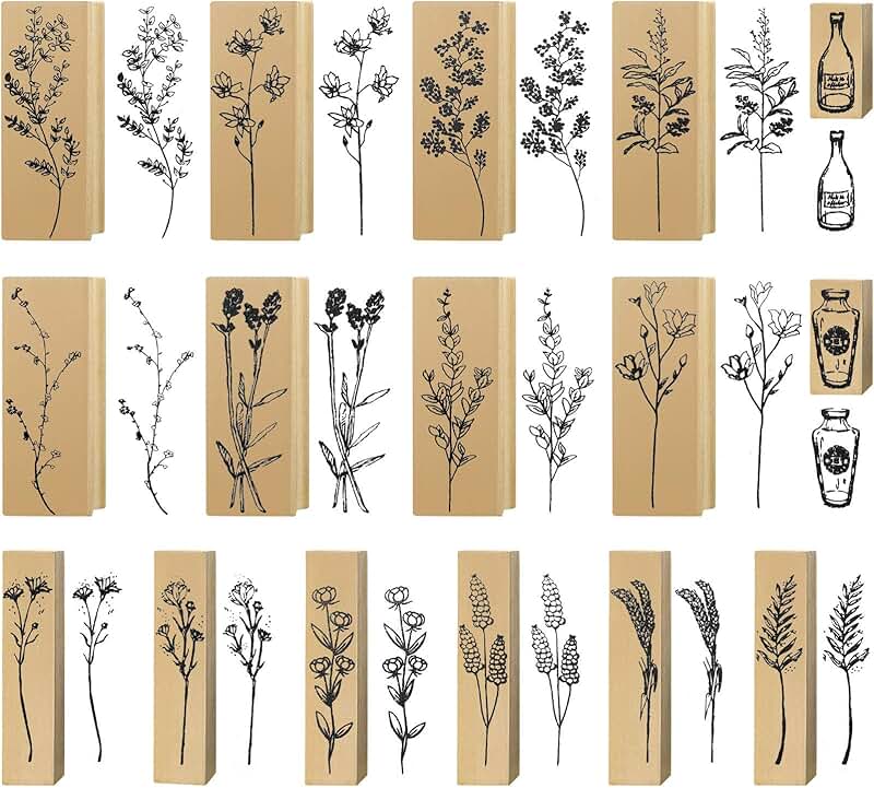 Set of 16 Vintage Flower Wood Rubber Stamps for Crafts