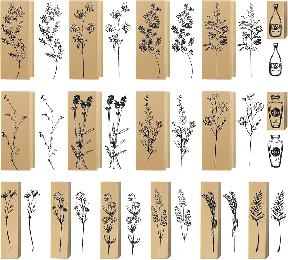 Set of 16 Vintage Flower Wood Rubber Stamps for Crafts