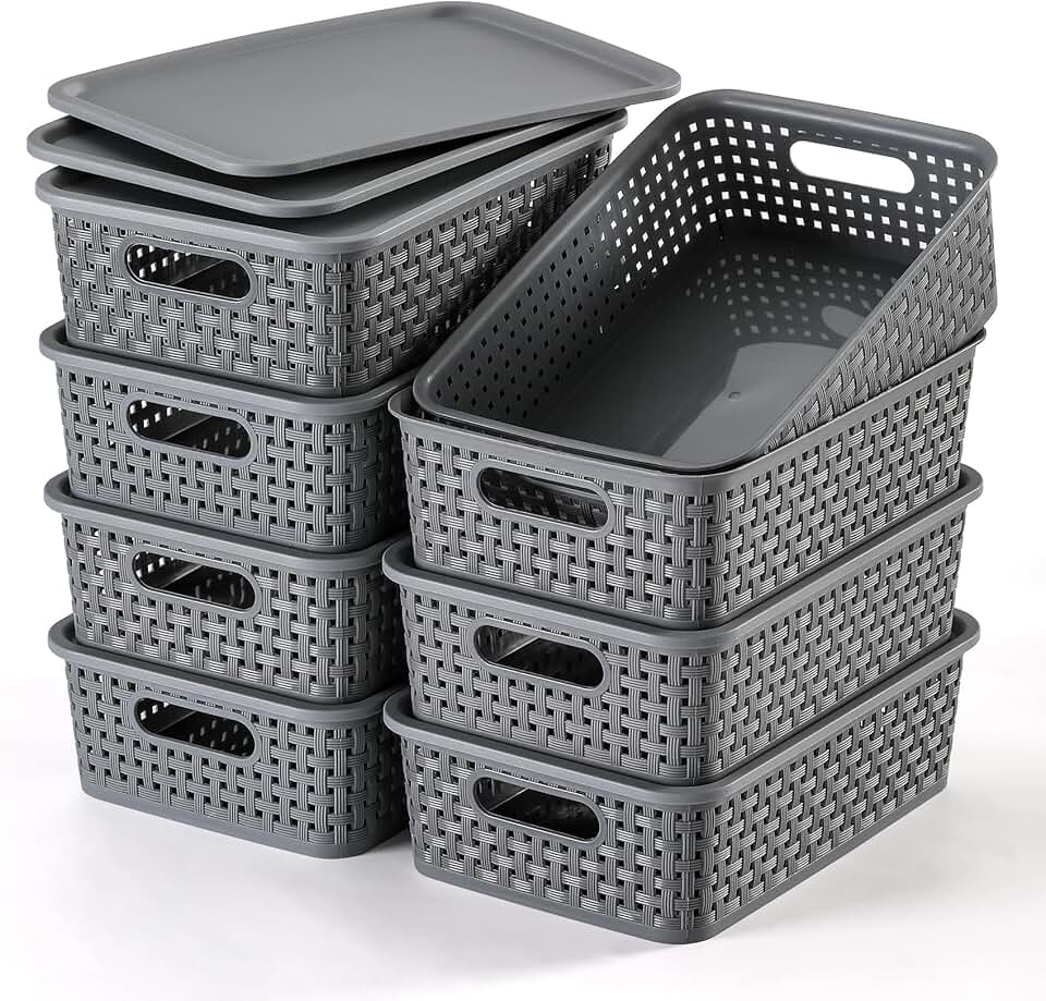 8 Pack Plastic Storage Baskets with Lids