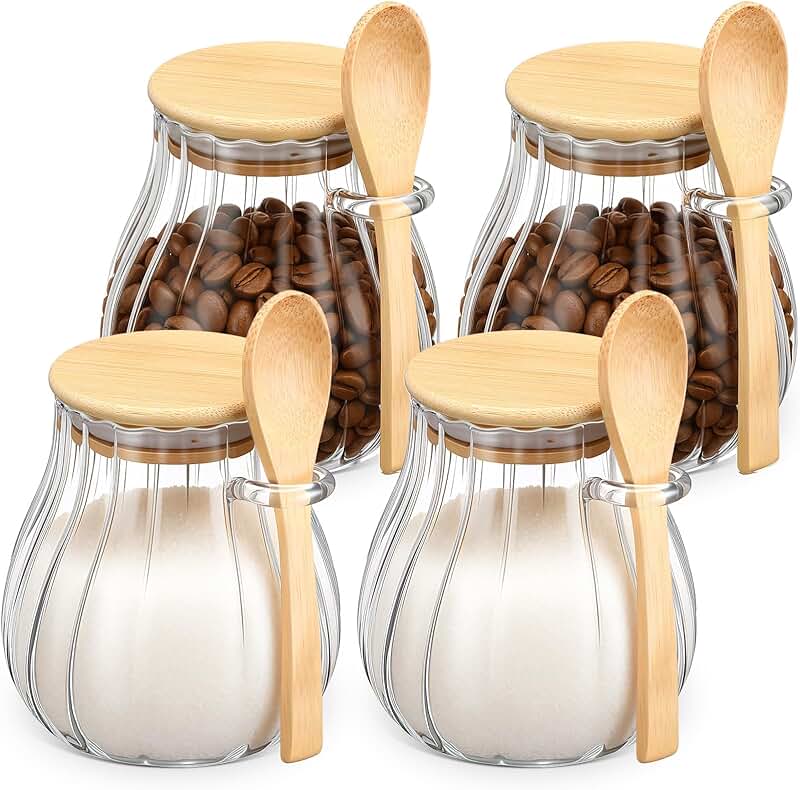 Set of four 15 oz glass sugar containers with bamboo lids