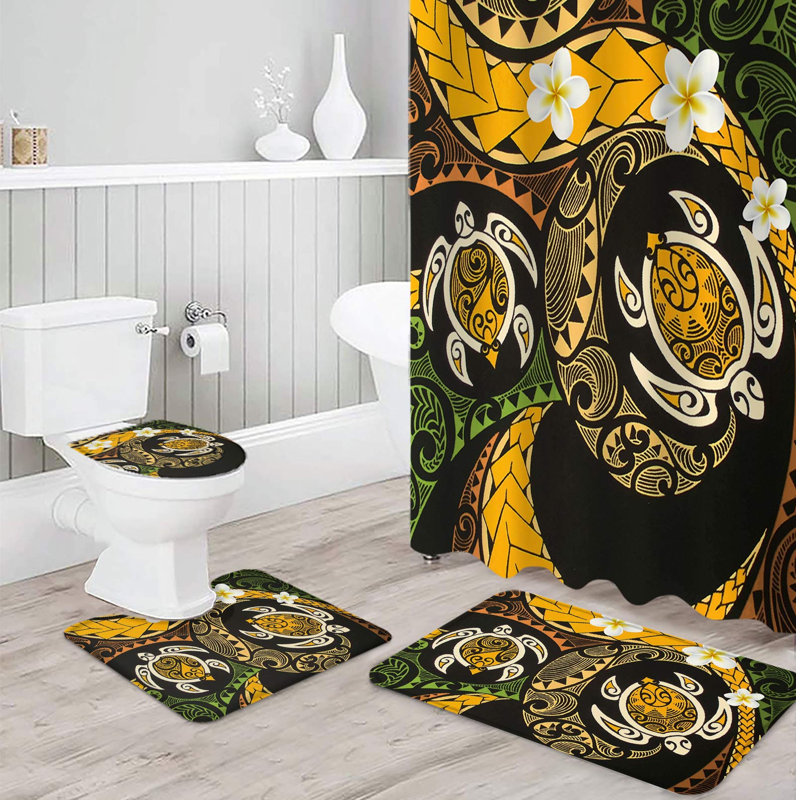 4 Piece Shower Curtain Sets Polynesian Retro Totem Include Non- Rug, Tet Lid Cover, Bath Mat and Shower Curtain Waterproof with 12 Hooks for Bathroom