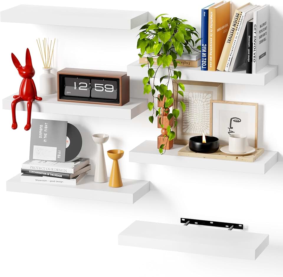 Set of 6 White Engineered Wood Wall Shelves
