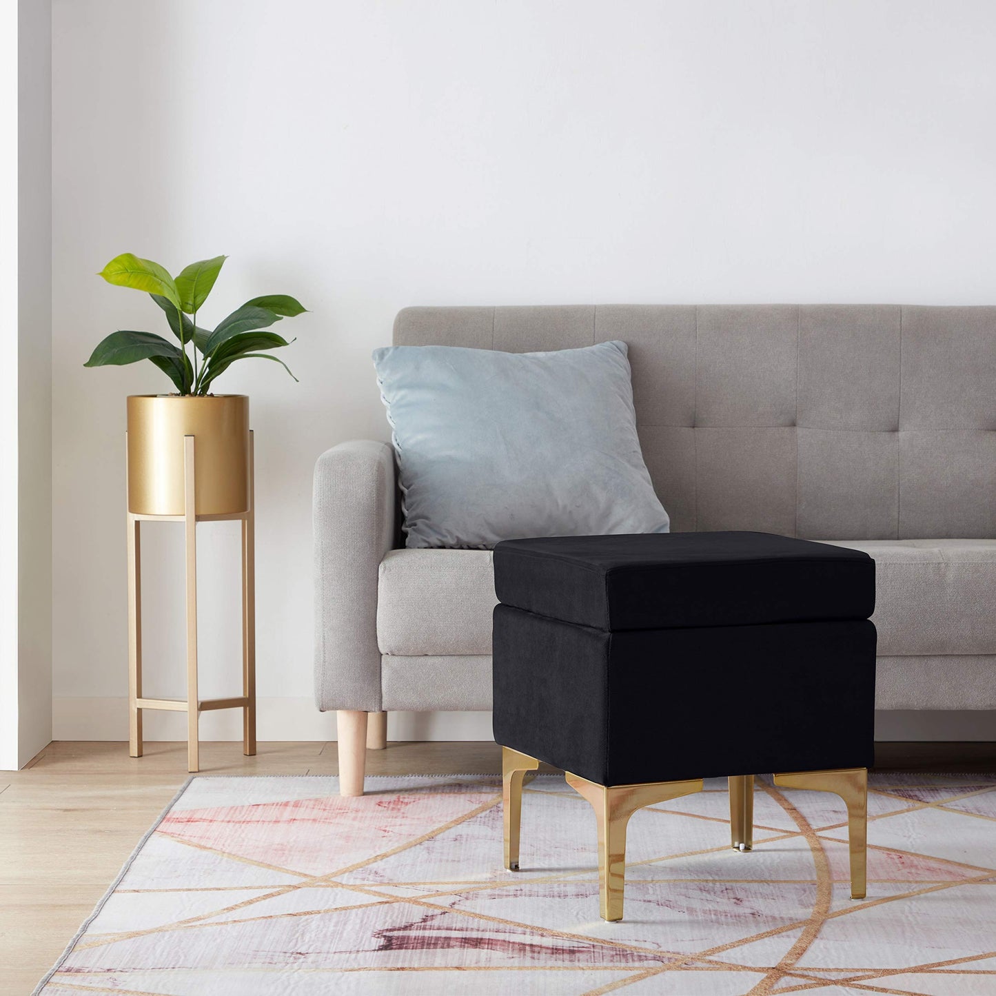 Madison Modern Cont rary Square Upholstered Velvet Ottoman  Vanity Chair  Gold Metal Legs  Black