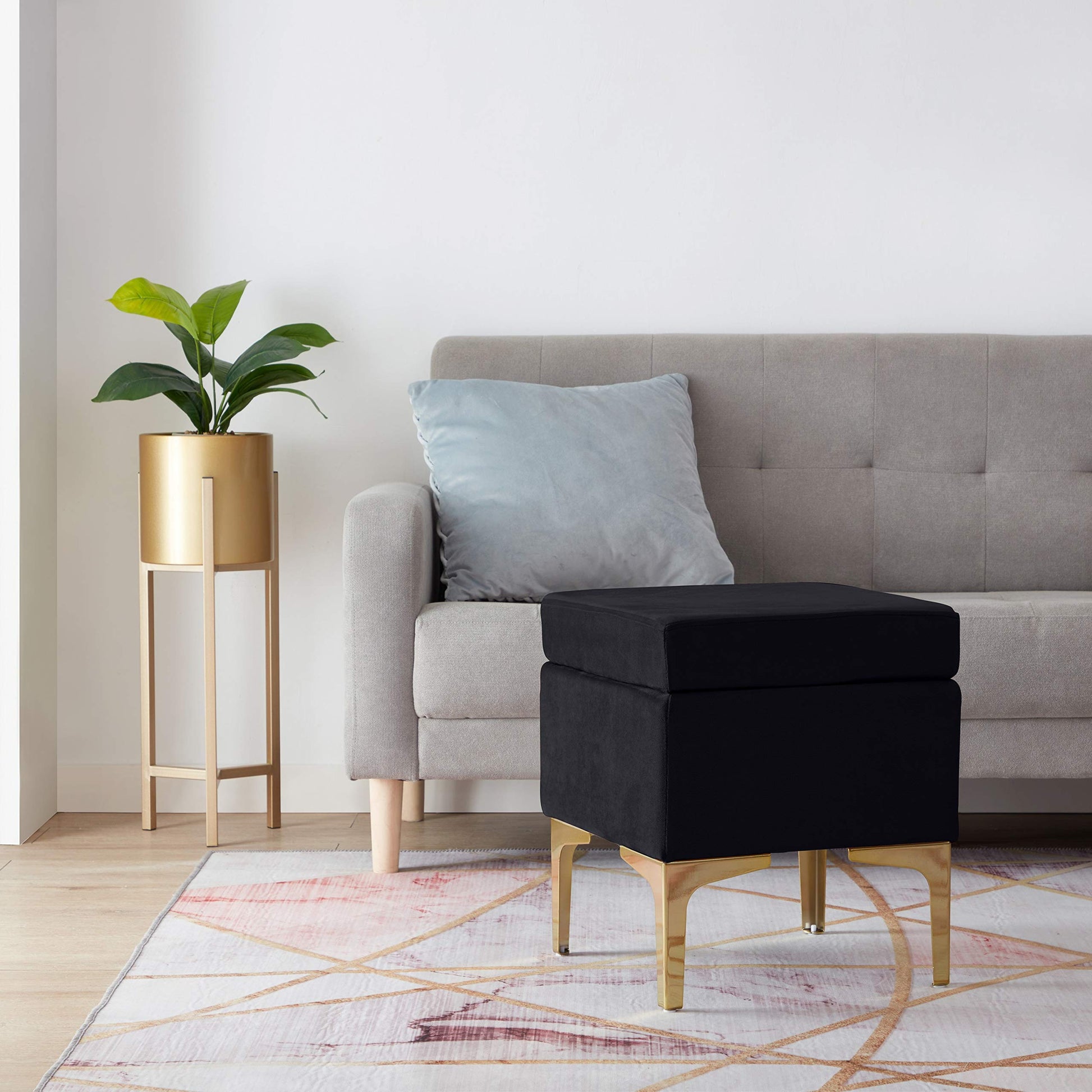 Madison Modern Cont rary Square Upholstered Velvet Ottoman  Vanity Chair  Gold Metal Legs  Black