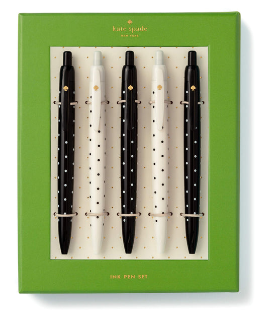 Set of 5 black ink polka dot retractable pens