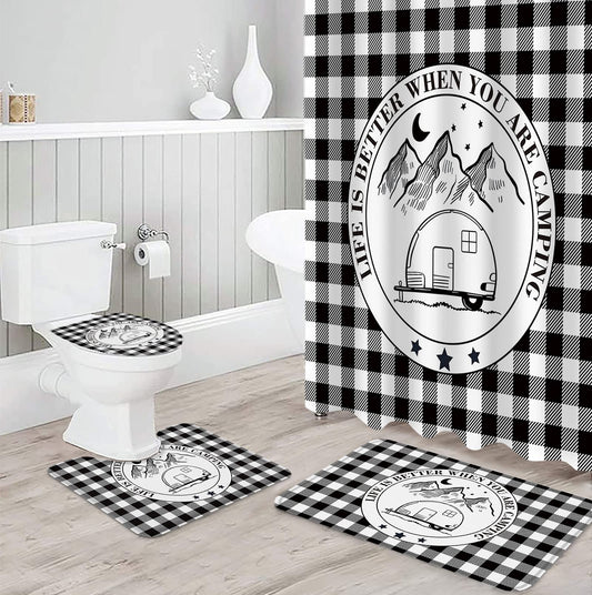 Camper Van 4 PCS Shower Curtain Sets Fashion Black White Plaid Camping Quotes Logo Bathroom Decor Shower Curtain 36" x 72" with 12 Hooks Non- Bath Mat Tet Lid Cover U-Shape Contour Rug