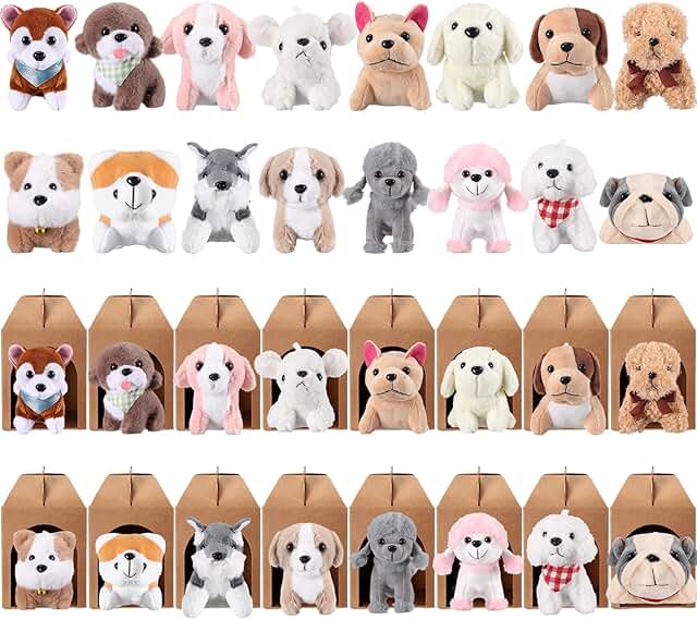 32 Dog Party Favors with Plush Puppies and Boxes