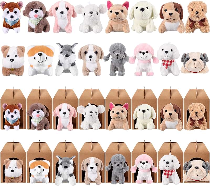 32 Dog Party Favors with Plush Puppies and Boxes