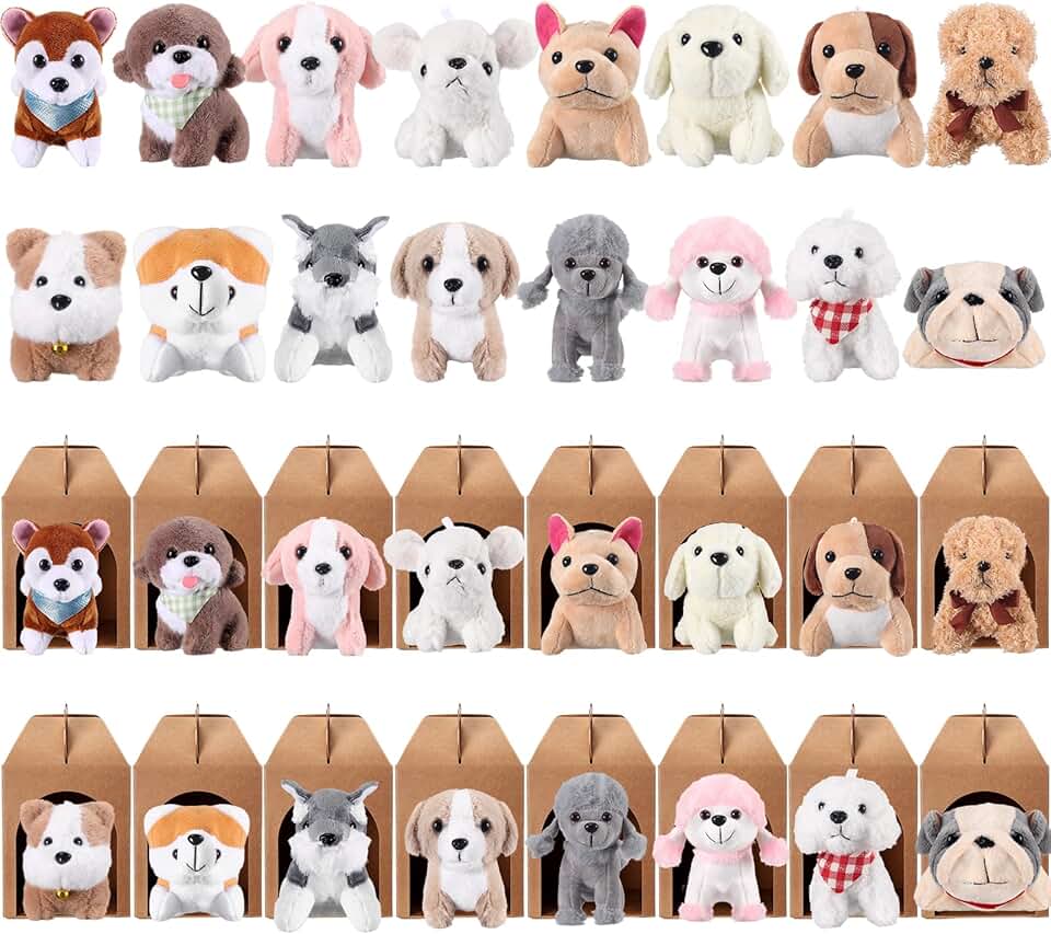 32 Dog Party Favors with Plush Puppies and Boxes