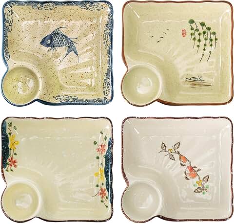Set of 4 ceramic plates with dipping saucers for snacks and appetizers