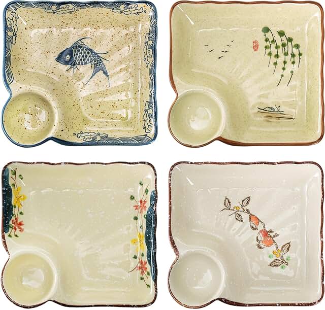 Set of 4 ceramic plates with dipping saucers for snacks and appetizers