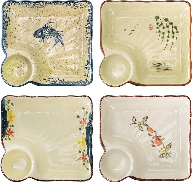 Set of 4 ceramic plates with dipping saucers for snacks and appetizers