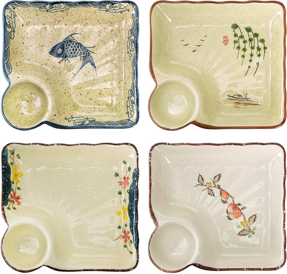 Set of 4 ceramic plates with dipping saucers for snacks and appetizers