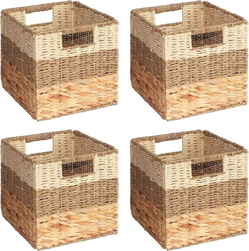 Set of four woven storage baskets with handles