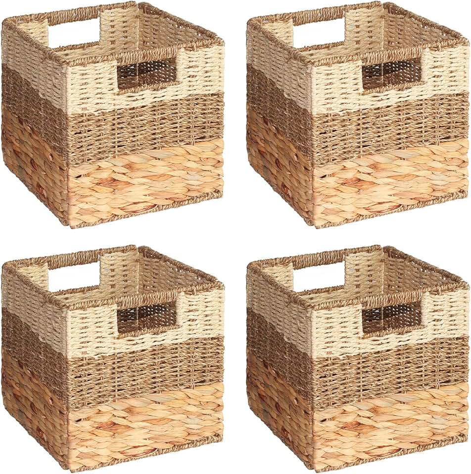 Set of four woven storage baskets with handles