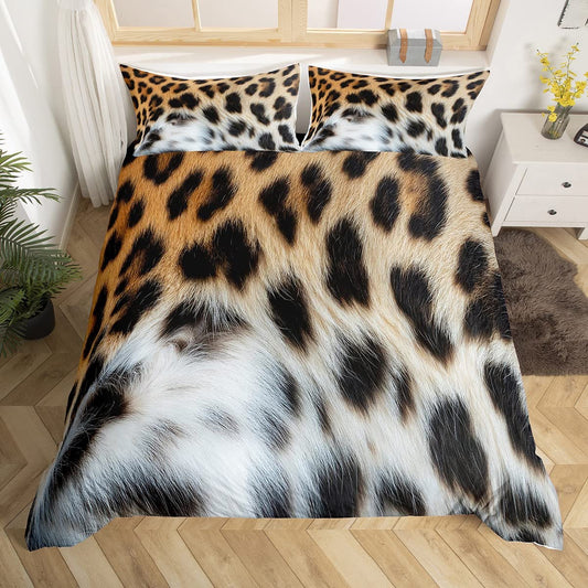 Leopard Spot Duvet Cover Cheetah Bedding Set Twin,Leopard Print Comforter Cover Wild Animal Hide Quilt Cover For Boys Man Novelty Big Cat Wildlife Fur Hair Bedroom Decor,Brown Black White