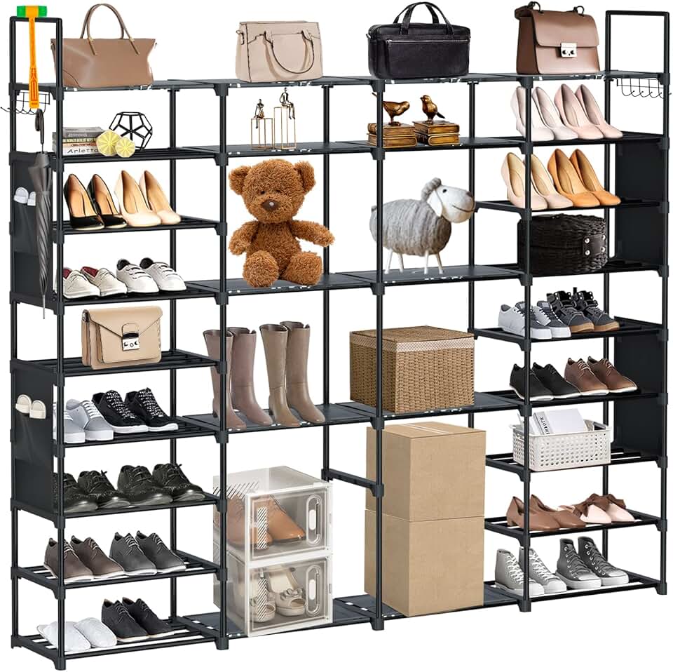 Free-Standing Shoe Rack with Hooks and Pockets